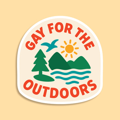 Gay For the Outdoors Sticker with mountains sunshine and nature illustration