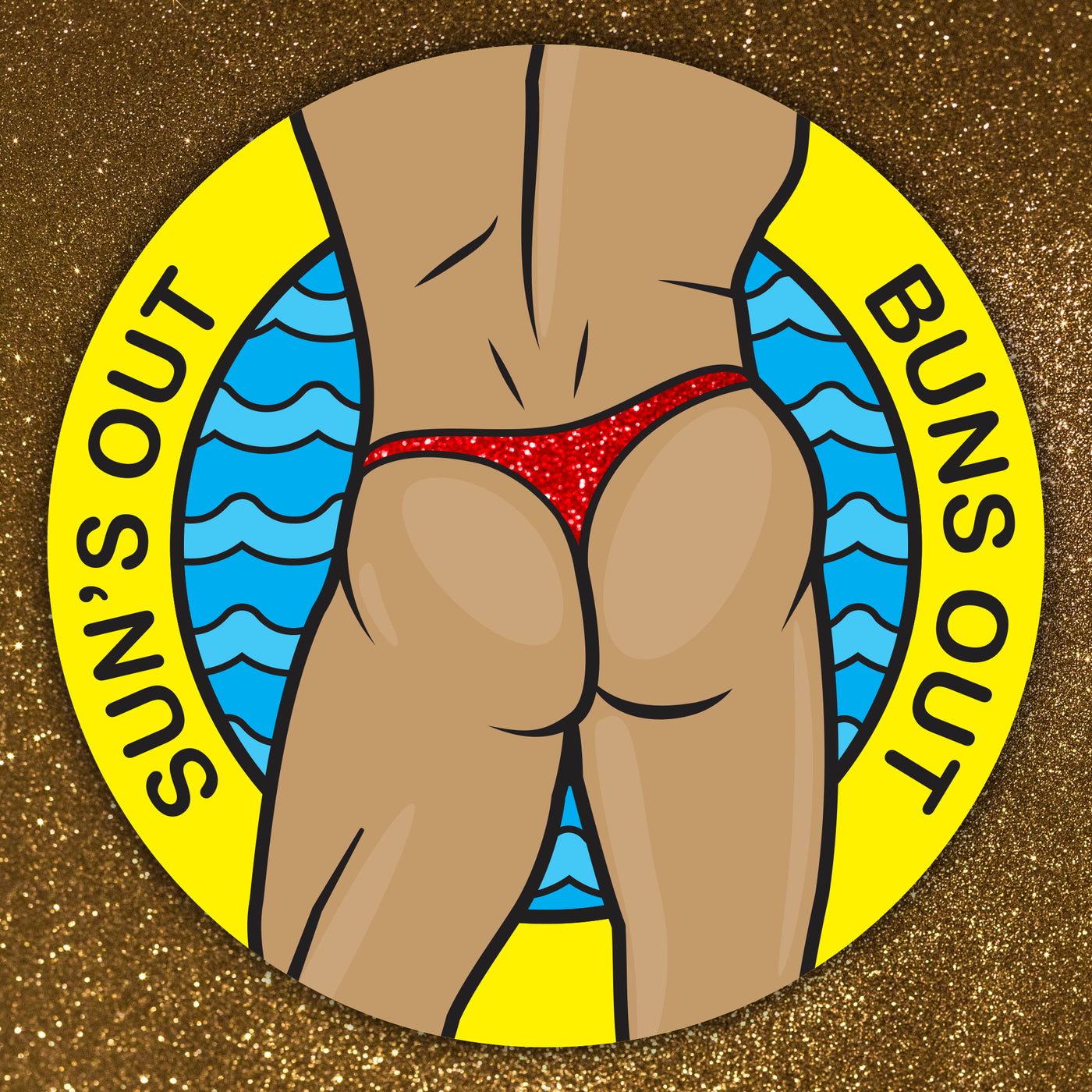 Suns Out Buns Out shimmer sticker with man in thong illustration