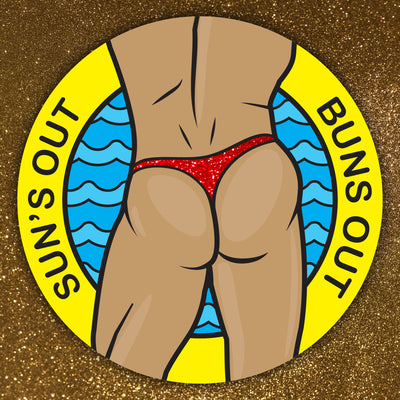 Suns Out Buns Out shimmer sticker with man in thong illustration
